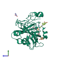 PDB entry 4e49 coloured by chain, side view.