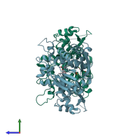 PDB entry 4e70 coloured by chain, side view.