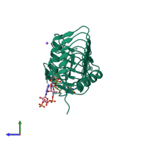 PDB entry 4eab coloured by chain, side view.