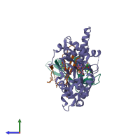 PDB entry 4eaj coloured by chain, side view.