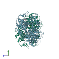 PDB entry 4eat coloured by chain, side view.