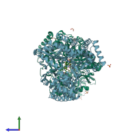 PDB entry 4eaw coloured by chain, side view.
