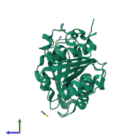 PDB entry 4eb0 coloured by chain, side view.