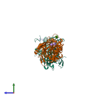 PDB entry 4eb1 coloured by chain, side view.