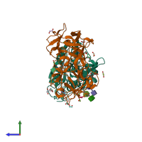 PDB entry 4eb2 coloured by chain, side view.