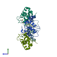 PDB entry 4eb9 coloured by chain, side view.