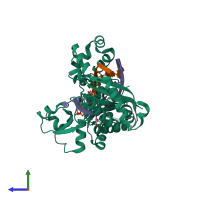 PDB entry 4ebd coloured by chain, side view.