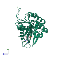 PDB entry 4ebu coloured by chain, side view.