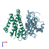 PDB entry 4ecb coloured by chain, top view.