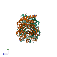 PDB entry 4ee6 coloured by chain, side view.