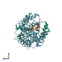 PDB entry 4eec coloured by chain, side view.