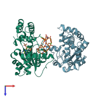 PDB entry 4eec coloured by chain, top view.