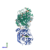 PDB entry 4eem coloured by chain, side view.