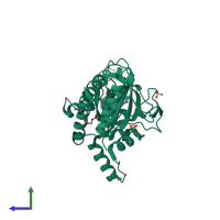 PDB entry 4eeq coloured by chain, side view.