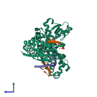 PDB entry 4eey coloured by chain, side view.