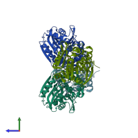 PDB entry 4ehb coloured by chain, side view.