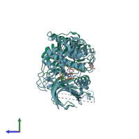 PDB entry 4ekk coloured by chain, side view.