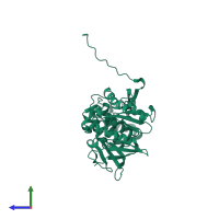 PDB entry 4eku coloured by chain, side view.