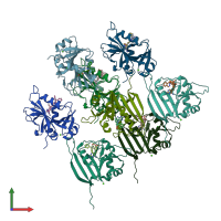 PDB entry 4elb coloured by chain, front view.