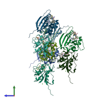 PDB entry 4elb coloured by chain, side view.