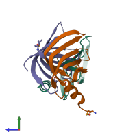 PDB entry 4emk coloured by chain, side view.