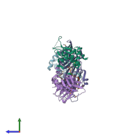 PDB entry 4emz coloured by chain, side view.