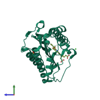 PDB entry 4eoc coloured by chain, side view.