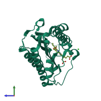 PDB entry 4eod coloured by chain, side view.