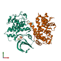 Hetero dimeric assembly 1 of PDB entry 4eoj coloured by chemically distinct molecules, front view.