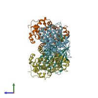 PDB entry 4eol coloured by chain, side view.