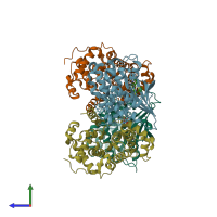 PDB entry 4eon coloured by chain, side view.