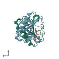 PDB entry 4eqh coloured by chain, side view.