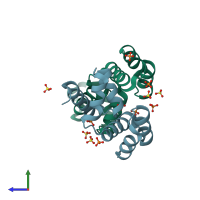 PDB entry 4eqq coloured by chain, side view.