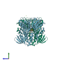 PDB entry 4eqx coloured by chain, side view.