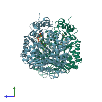 PDB entry 4eu8 coloured by chain, side view.