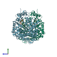 PDB entry 4eub coloured by chain, side view.