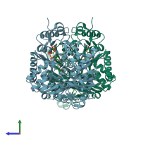 PDB entry 4euc coloured by chain, side view.
