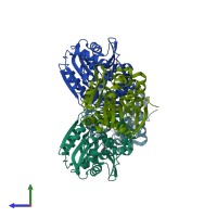 PDB entry 4eus coloured by chain, side view.