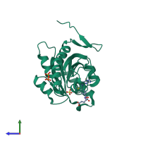 PDB entry 4ew3 coloured by chain, side view.