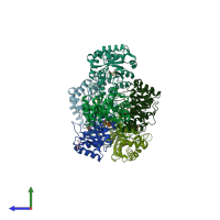 PDB entry 4exa coloured by chain, side view.