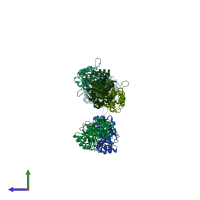 PDB entry 4exb coloured by chain, side view.