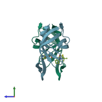 PDB entry 4eyr coloured by chain, side view.