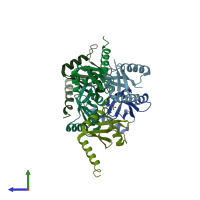 PDB entry 4eyt coloured by chain, side view.