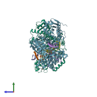 PDB entry 4ez6 coloured by chain, side view.