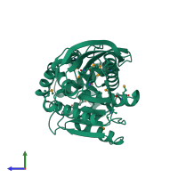 PDB entry 4ezi coloured by chain, side view.