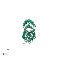 Hetero tetrameric assembly 3 of PDB entry 4ezo coloured by chemically distinct molecules, side view.