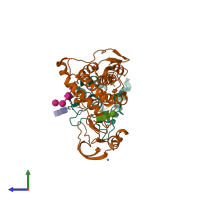 PDB entry 4f0a coloured by chain, side view.