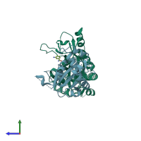 PDB entry 4f0d coloured by chain, side view.