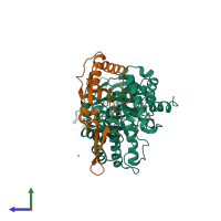 PDB entry 4f0k coloured by chain, side view.