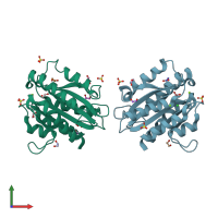 PDB entry 4f1j coloured by chain, front view.